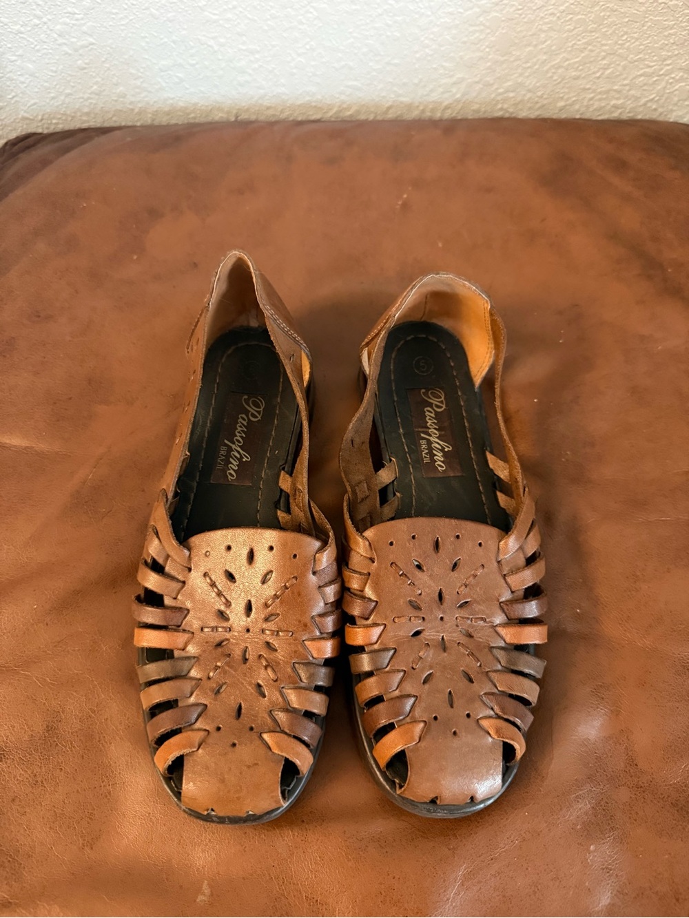 Women's Tan Leather Woven Slingback Flats